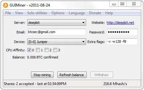 Настройка GUIMiner для пула deepbit