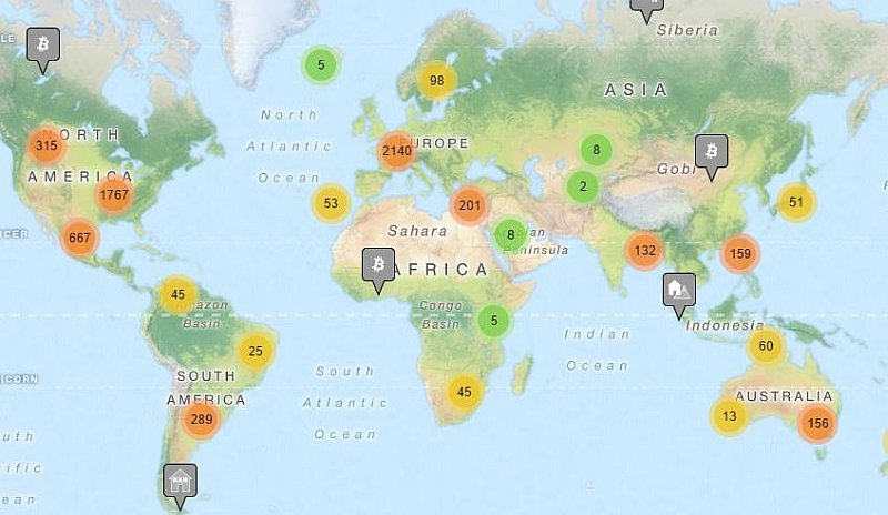 Биткоин на карте мира